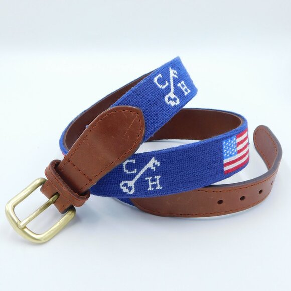 Smathers & Branson US Flag & CH Key Logo Needlepoint Belt | Blue | EUC | 36 - Picture 2 of 9